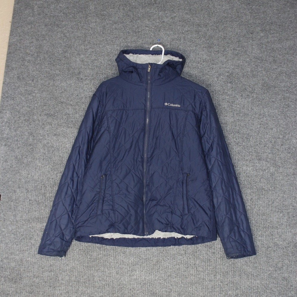 Columbia Quilted Puffer Jacket Womens XL Navy‎ Blue Fair Hooded Fleece Lined